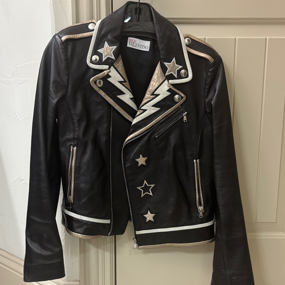 RED Valentino Black and Gold Leather Jacket with Star and Lightning Accents